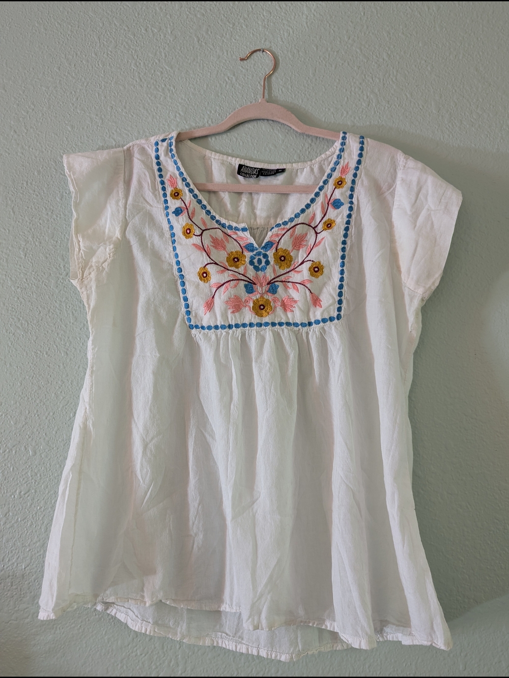 White Embroidered Floral-Yoke Peasant Blouse